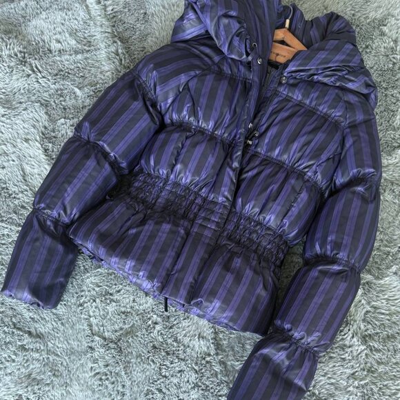 Guess by Marciano Purple Striped Puffer Coat – Down Fill, Size S - Picture 2 of 11